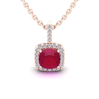 1 1/2 Carat Cushion Cut Ruby and Halo Diamond Necklace In 14 Karat Rose Gold, 18 Inches