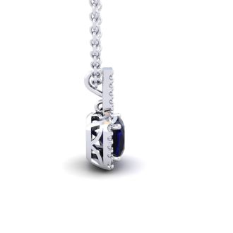 1 1/4 Carat Cushion Cut Sapphire and Halo Diamond Necklace In 14 Karat White Gold, 18 Inches