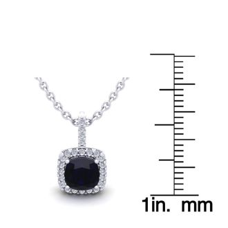 1 1/4 Carat Cushion Cut Sapphire and Halo Diamond Necklace In 14 Karat White Gold, 18 Inches