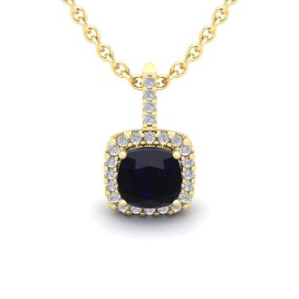 1 1/4 Carat Cushion Cut Sapphire and Halo Diamond Necklace In 14 Karat Yellow Gold, 18 Inches