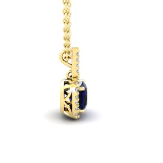 1 1/4 Carat Cushion Cut Sapphire and Halo Diamond Necklace In 14 Karat Yellow Gold, 18 Inches
