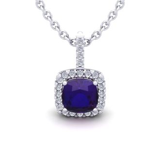 1 3/4 Carat Cushion Cut Amethyst and Halo Diamond Necklace In 14 Karat White Gold, 18 Inches