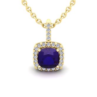 1 3/4 Carat Cushion Cut Amethyst and Halo Diamond Necklace In 14 Karat Yellow Gold, 18 Inches