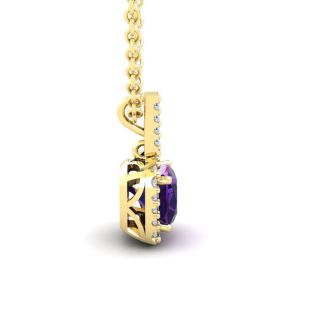 1 3/4 Carat Cushion Cut Amethyst and Halo Diamond Necklace In 14 Karat Yellow Gold, 18 Inches