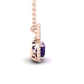 1 3/4 Carat Cushion Cut Amethyst and Halo Diamond Necklace In 14 Karat Rose Gold, 18 Inches