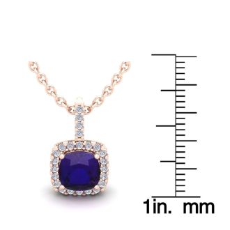 1 3/4 Carat Cushion Cut Amethyst and Halo Diamond Necklace In 14 Karat Rose Gold, 18 Inches