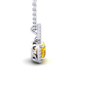 1 3/4 Carat Cushion Cut Citrine and Halo Diamond Necklace In 14 Karat White Gold, 18 Inches