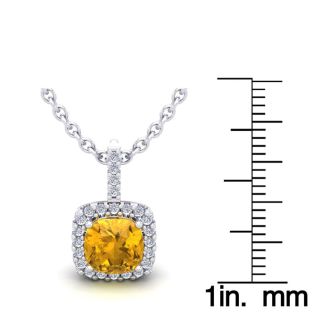 1 3/4 Carat Cushion Cut Citrine and Halo Diamond Necklace In 14 Karat White Gold, 18 Inches