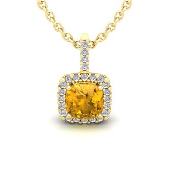 1 3/4 Carat Cushion Cut Citrine and Halo Diamond Necklace In 14 Karat Yellow Gold, 18 Inchess