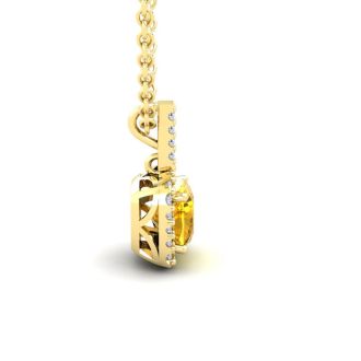 1 3/4 Carat Cushion Cut Citrine and Halo Diamond Necklace In 14 Karat Yellow Gold, 18 Inchess