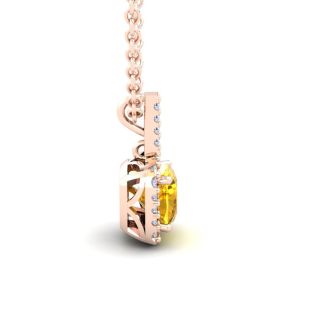 1 3/4 Carat Cushion Cut Citrine and Halo Diamond Necklace In 14 Karat Rose Gold, 18 Inches