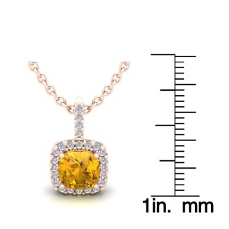 1 3/4 Carat Cushion Cut Citrine and Halo Diamond Necklace In 14 Karat Rose Gold, 18 Inches