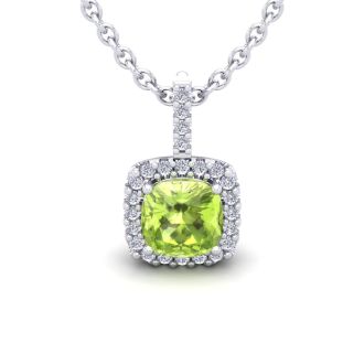 1 3/4 Carat Cushion Cut Peridot and Halo Diamond Necklace In 14 Karat White Gold, 18 Inches