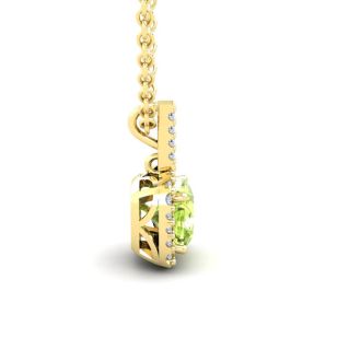 1 3/4 Carat Cushion Cut Peridot and Halo Diamond Necklace In 14 Karat Yellow Gold, 18 Inches