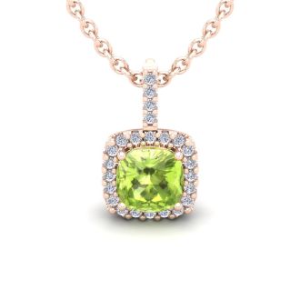 1 3/4 Carat Cushion Cut Peridot and Halo Diamond Necklace In 14 Karat Rose Gold, 18 Inches