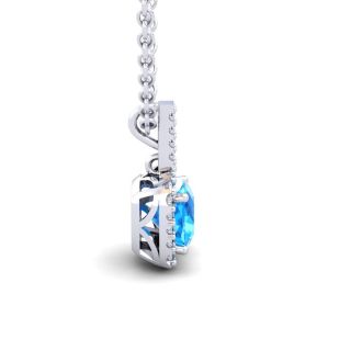 2 Carat Cushion Cut Blue Topaz and Halo Diamond Necklace In 14 Karat White Gold, 18 Inches