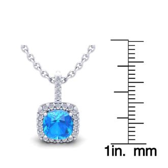 2 Carat Cushion Cut Blue Topaz and Halo Diamond Necklace In 14 Karat White Gold, 18 Inches