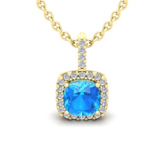 2 Carat Cushion Cut Blue Topaz and Halo Diamond Necklace In 14 Karat Yellow Gold, 18 Inches