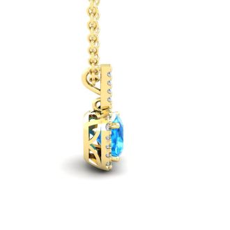 2 Carat Cushion Cut Blue Topaz and Halo Diamond Necklace In 14 Karat Yellow Gold, 18 Inches