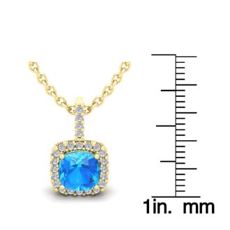 2 Carat Cushion Cut Blue Topaz and Halo Diamond Necklace In 14 Karat Yellow Gold, 18 Inches