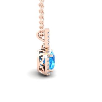 2 Carat Cushion Cut Blue Topaz and Halo Diamond Necklace In 14 Karat Rose Gold, 18 Inches