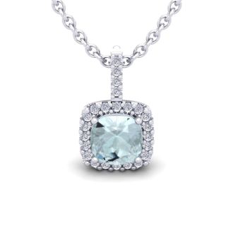 Aquamarine Necklace: Aquamarine Jewelry: 1 3/4 Carat Cushion Cut Aquamarine and Halo Diamond Necklace In 14 Karat White Gold, 18 Inches