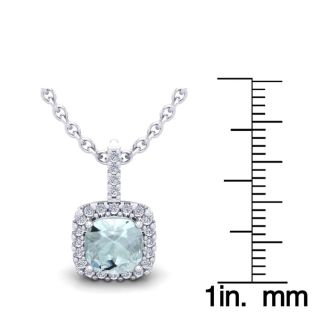 Aquamarine Necklace: Aquamarine Jewelry: 1 3/4 Carat Cushion Cut Aquamarine and Halo Diamond Necklace In 14 Karat White Gold, 18 Inches