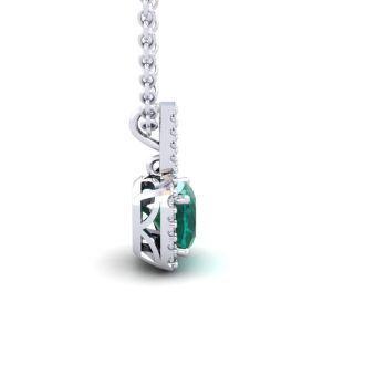2 Carat Cushion Shape Emerald Necklaces With Diamond Halo In 14 Karat White Gold, 18 Inch Chain