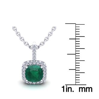2 Carat Cushion Shape Emerald Necklaces With Diamond Halo In 14 Karat White Gold, 18 Inch Chain