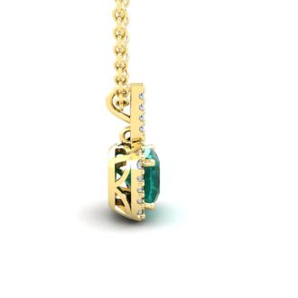2 Carat Cushion Shape Emerald Necklaces With Diamond Halo In 14 Karat Yellow Gold, 18 Inch Chain