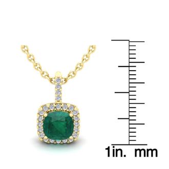 2 Carat Cushion Shape Emerald Necklaces With Diamond Halo In 14 Karat Yellow Gold, 18 Inch Chain