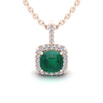 2 Carat Cushion Shape Emerald Necklaces With Diamond Halo In 14 Karat Rose Gold, 18 Inch Chain