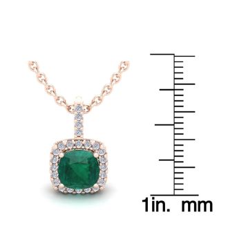 2 Carat Cushion Shape Emerald Necklaces With Diamond Halo In 14 Karat Rose Gold, 18 Inch Chain