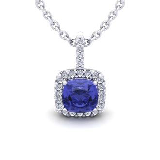 1 3/4 Carat Cushion Cut Tanzanite and Halo Diamond Necklace In 14 Karat White Gold, 18 Inches