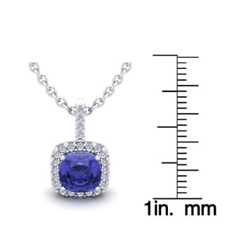 1 3/4 Carat Cushion Cut Tanzanite and Halo Diamond Necklace In 14 Karat White Gold, 18 Inches