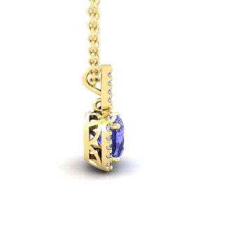 1 3/4 Carat Cushion Cut Tanzanite and Halo Diamond Necklace In 14 Karat Yellow Gold, 18 Inches