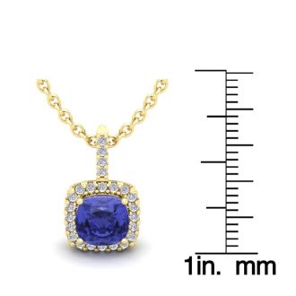 1 3/4 Carat Cushion Cut Tanzanite and Halo Diamond Necklace In 14 Karat Yellow Gold, 18 Inches