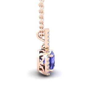 1 3/4 Carat Cushion Cut Tanzanite and Halo Diamond Necklace In 14 Karat Rose Gold, 18 Inches