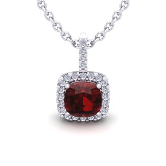 Garnet Necklace: Garnet Jewelry: 1 3/4 Carat Cushion Cut Garnet and Halo Diamond Necklace In 14 Karat White Gold, 18 Inches