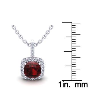 Garnet Necklace: Garnet Jewelry: 1 3/4 Carat Cushion Cut Garnet and Halo Diamond Necklace In 14 Karat White Gold, 18 Inches