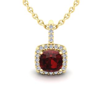 Garnet Necklace: Garnet Jewelry: 1 3/4 Carat Cushion Cut Garnet and Halo Diamond Necklace In 14 Karat Yellow Gold, 18 Inches