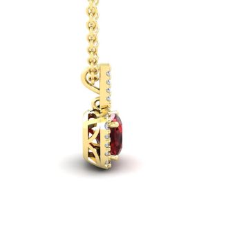 Garnet Necklace: Garnet Jewelry: 1 3/4 Carat Cushion Cut Garnet and Halo Diamond Necklace In 14 Karat Yellow Gold, 18 Inches