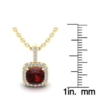 Garnet Necklace: Garnet Jewelry: 1 3/4 Carat Cushion Cut Garnet and Halo Diamond Necklace In 14 Karat Yellow Gold, 18 Inches