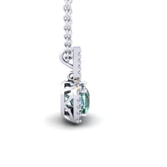 1 1/2 Carat Cushion Cut Green Amethyst and Halo Diamond Necklace In 14 Karat White Gold, 18 Inches