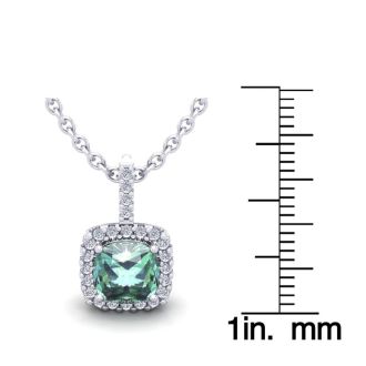 1 1/2 Carat Cushion Cut Green Amethyst and Halo Diamond Necklace In 14 Karat White Gold, 18 Inches