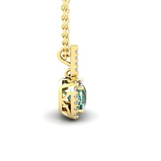 1 1/2 Carat Cushion Cut Green Amethyst and Halo Diamond Necklace In 14 Karat Yellow Gold, 18 Inches