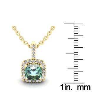 1 1/2 Carat Cushion Cut Green Amethyst and Halo Diamond Necklace In 14 Karat Yellow Gold, 18 Inches