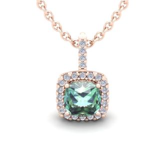 1 1/2 Carat Cushion Cut Green Amethyst and Halo Diamond Necklace In 14 Karat Rose Gold, 18 Inches