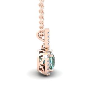 1 1/2 Carat Cushion Cut Green Amethyst and Halo Diamond Necklace In 14 Karat Rose Gold, 18 Inches
