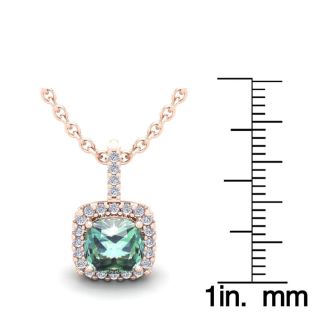 1 1/2 Carat Cushion Cut Green Amethyst and Halo Diamond Necklace In 14 Karat Rose Gold, 18 Inches